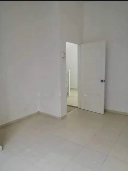 Room features: white painted walls, tile flooring, single door, light switch, door frame, neutral color scheme.