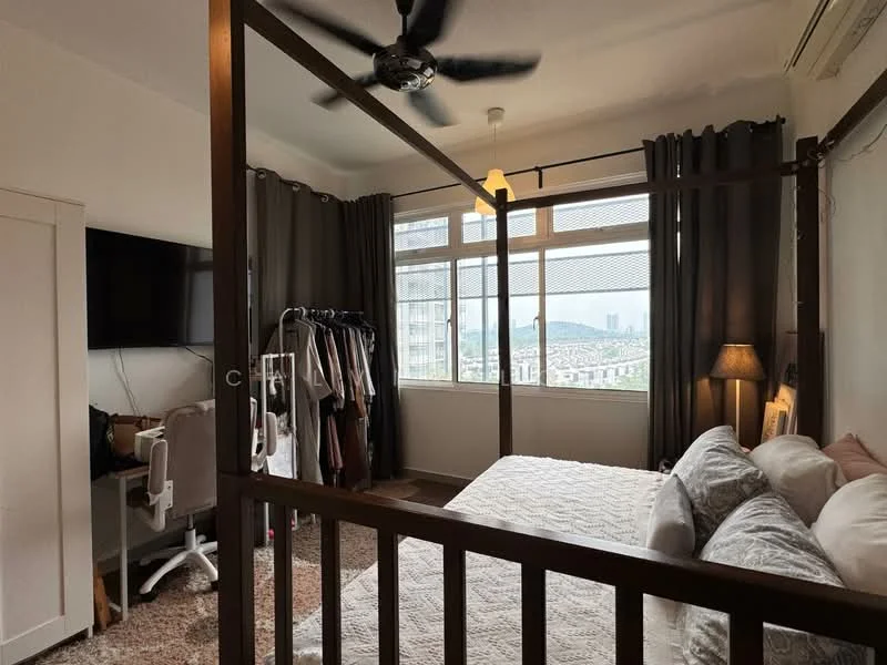 Bedroom features: king-size bed with white bedding, upholstered headboard, 2 bedside lamps, floor-to-ceiling windows, curtains in grey, wooden bed frame, ceiling fan, carpet flooring, desk with chair, TV mounted on wall, clothes rack with hangers, decorative wall art; style: modern; view: city.