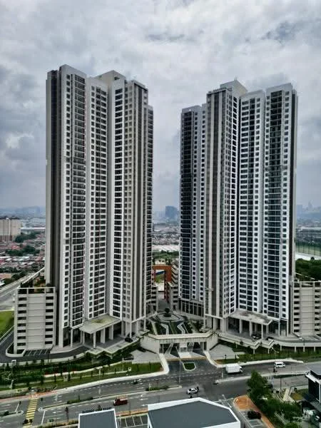 Exterior type: high-rise condominium; features: glass curtain wall, concrete facade, recessed balconies, landscaped grounds, multiple storeys, surrounded by greenery, urban context, driveway with interlocking pavers; style: modern.