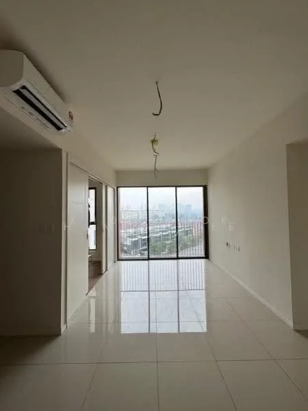 Living features: large floor-to-ceiling windows, white painted walls, glossy ceramic tile flooring, 1 wall-mounted split AC, recessed ceiling lights, neutral color scheme, open layout, city view; style: modern; view: city.