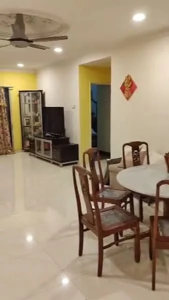 Dining features: round dining table, wooden dining chairs, 5-blade ceiling fan with light, cream tiled flooring, yellow painted walls, wall-mounted TV, glass display cabinet, curtains with floral pattern; style: modern. Living features: cream tiled flooring, yellow painted walls, wall-mounted TV, glass display cabinet, 5-blade ceiling fan with light, curtains with floral pattern; style: modern.