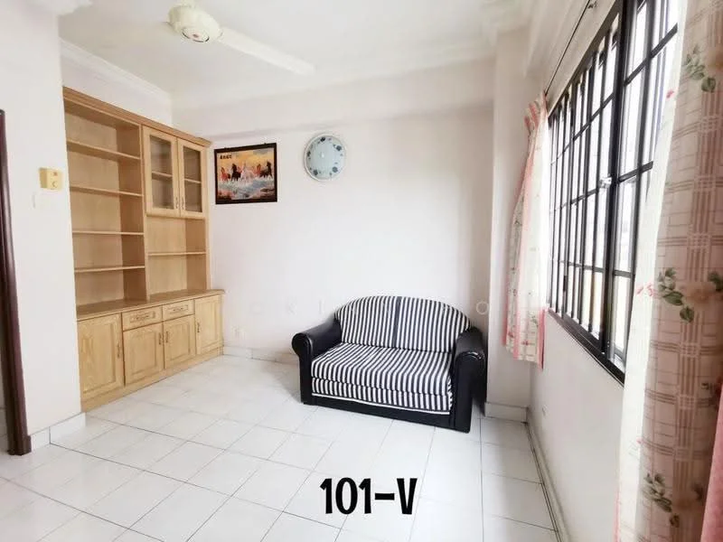 Living features: striped fabric sofa, wooden shelving unit, white painted walls, white tiled flooring, ceiling fan, wall clock, large windows with black metal frames, curtains with floral pattern; style: modern.