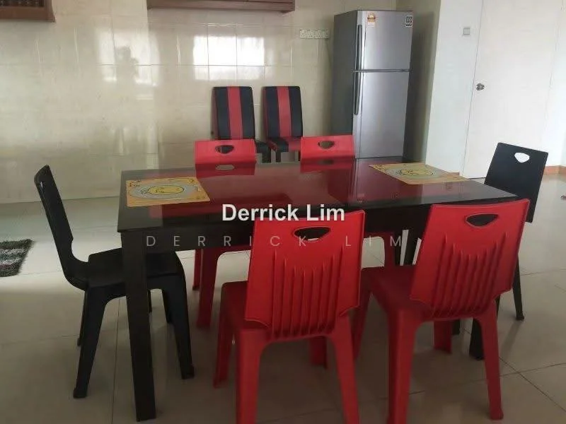 Dining features: glass dining table, 6 dining chairs in red and black, ceramic tile flooring, white painted walls, refrigerator, wall-mounted cabinet, decorative placemats; style: modern.