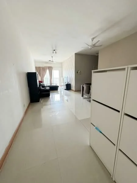 Living features: white painted walls, cream tiled flooring, 5-blade ceiling fan, sofa in black, TV console, large window with sheer curtains, decorative wall with patterned wallpaper, dining area with chairs, open layout, natural light from window; style: modern.