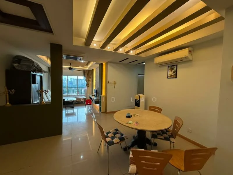 Dining features: round dining table, 4 wooden dining chairs, polished tile flooring, recessed downlights, exposed beams on ceiling, air conditioning unit, wall-mounted TV, window with city view, decorative wall art; style: modern; view: city. Living features: sofa, coffee table, TV console, open layout, natural light from window; style: modern; view: city.
