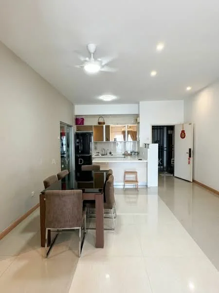 Dining features: 4-seater dining table, brown upholstered dining chairs, ceiling fan with light, white walls, glossy tile flooring, open layout to kitchen, kitchen island visible, refrigerator visible; style: modern. Kitchen features: kitchen island, stainless-steel sink, built-in cabinets, countertop, refrigerator, microwave, freestanding range oven; style: modern.