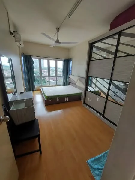 Bedroom features: queen-size bed, upholstered headboard, floor-to-ceiling windows, curtains, wooden flooring, ceiling fan, built-in wardrobe with sliding doors, study desk, chair; style: modern; view: city.