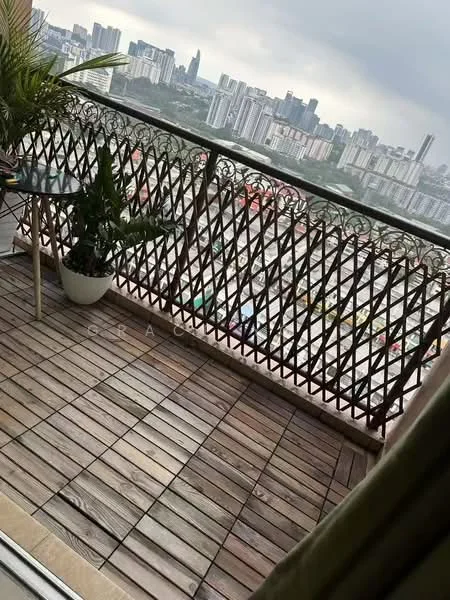 Balcony features: wooden decking, metal railing with decorative pattern, potted plant, glass table, city skyline view; style: modern; view: city.