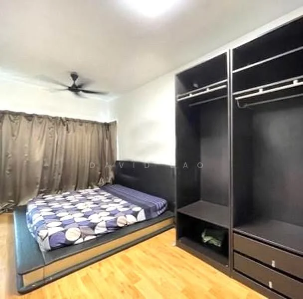 Bedroom features: queen-size bed with patterned bedding, black built-in wardrobe with hanging space, wooden flooring, ceiling fan, curtains, wall-mounted light fixture, decorative wall, nightstand; style: modern.
