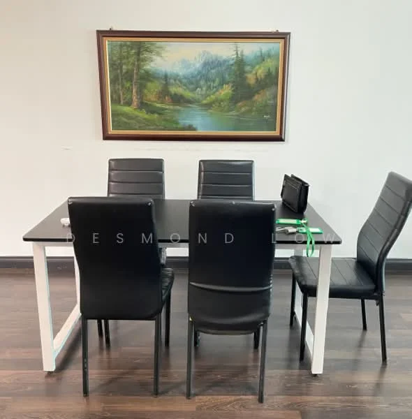 Dining features: black dining table with white legs, four black leather dining chairs, wooden flooring, framed landscape painting on wall, green decorative item on table; style: modern.
