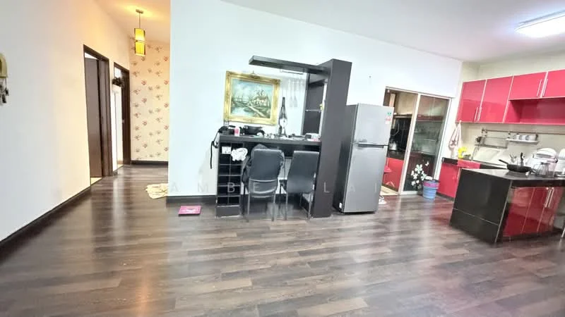 Living features: dark wood laminate flooring, white painted walls, kitchenette with red cabinetry, stainless-steel fridge, black bar stools, framed artwork on wall, open layout, large window with view, kitchen countertop, decorative plant in pot; style: modern.