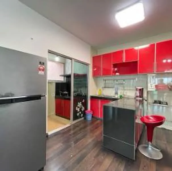 Kitchen features: red high-gloss cabinetry, black countertop, stainless-steel fridge, built-in oven, 4-burner gas hob, kitchen island with seating, black bar stool, tile backsplash, laminate flooring, recessed ceiling lights; style: modern.