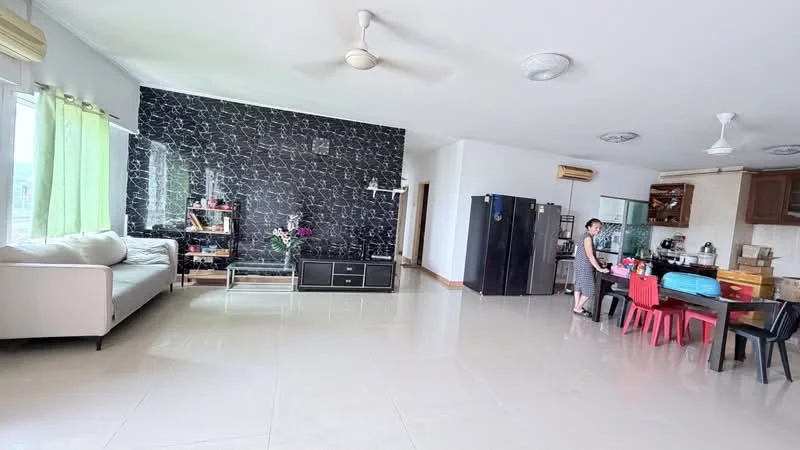 Living features: white painted walls, black accent wall with textured finish, marble tile flooring, 5-blade ceiling fan with light, floor-to-ceiling windows, green sheer curtains, sofa in light color, open shelving unit, dining table with colorful chairs, refrigerator, kitchen area visible; style: modern; view: city.