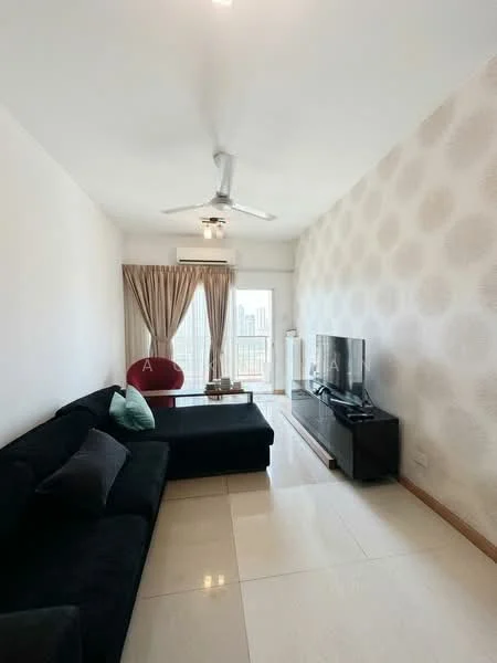 Living features: black fabric sofa, coffee table, wall-mounted TV, TV console, 5-blade ceiling fan with light, floor-to-ceiling windows, sheer curtains, light-colored accent wall with pattern, cream tile flooring; style: modern; view: city.