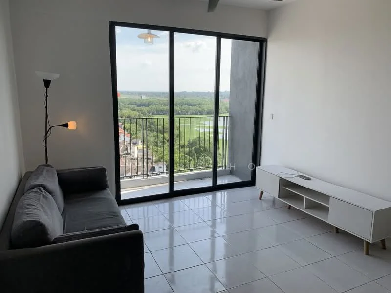 Living features: grey fabric sofa, white TV console, floor-to-ceiling sliding glass door, white tiled flooring, wall-mounted lamp, recessed ceiling light, view of greenery, open layout; style: modern; view: garden.