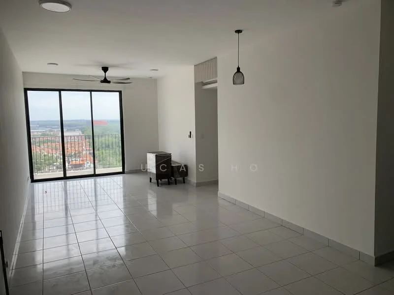 Living features: white painted walls, glossy ceramic tile flooring, 5-blade ceiling fan, recessed downlights, large floor-to-ceiling windows, city view, single pendant light, wooden side table; style: modern; view: city.
