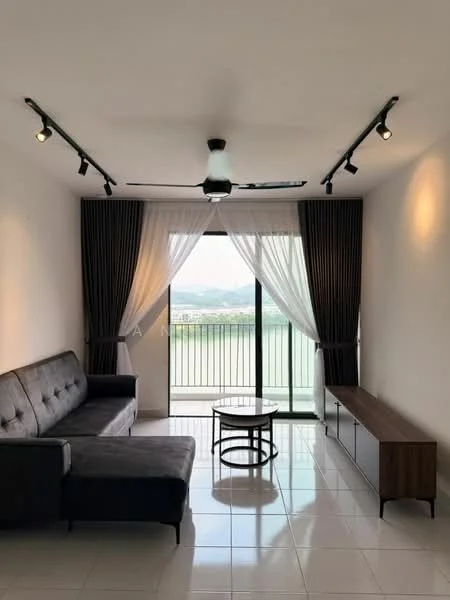Living features: 3-seater fabric sofa in grey, coffee table, TV console, floor-to-ceiling windows, sheer curtains, blackout curtains, 5-blade ceiling fan with light, recessed downlights, white painted walls, glossy tile flooring; style: modern; view: water.