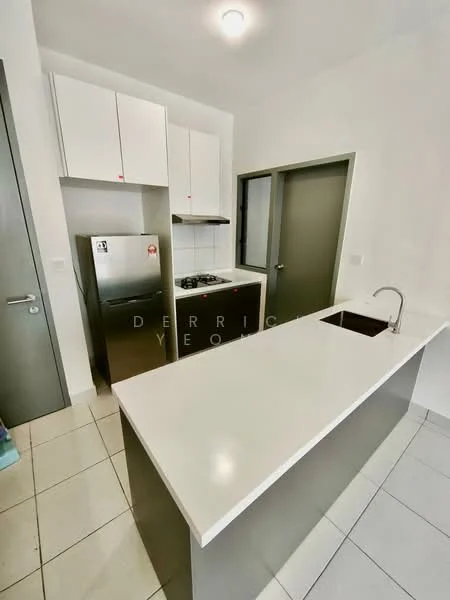 Kitchen features: white laminate cabinetry, stainless-steel fridge, built-in gas stove, single-bowl stainless-steel sink, chrome pull-down faucet, white quartz countertop, tile flooring, wall-mounted range hood, open shelving, recessed ceiling lights; style: modern.