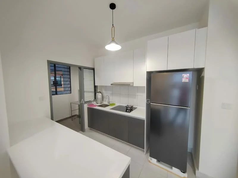 Kitchen features: white cabinetry, stainless-steel fridge, built-in gas hob, white countertop, grey backsplash, pendant light fixture, tile flooring, window with grille, sink with faucet; style: modern.