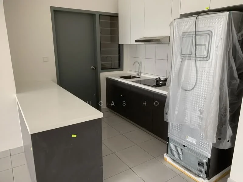 Kitchen features: white cabinetry, black lower cabinets, white countertop, stainless-steel sink, chrome pull-down faucet, built-in gas hob, stainless-steel fridge, tile backsplash, grey tile flooring, wall-mounted cabinets, window with grid pattern, open layout; style: modern.