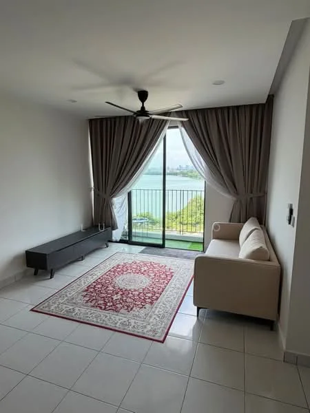 Living features: white painted walls, tile flooring, 5-blade ceiling fan, floor-to-ceiling windows, sheer curtains, dark wood TV console, beige fabric sofa, area rug with intricate pattern, green view from window, balcony access; style: modern; view: garden.