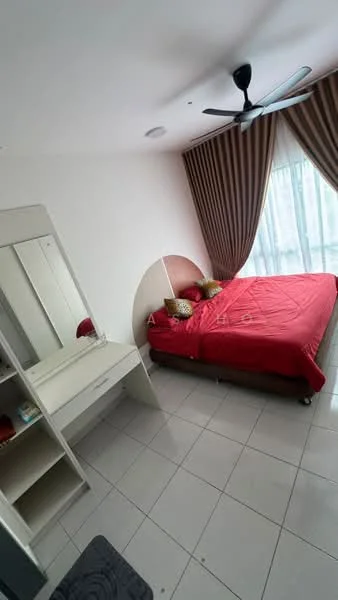 Bedroom features: king-size bed with red bedding, upholstered headboard, 2 bedside lamps, floor-to-ceiling window with sheer curtains, ceiling fan, white painted walls, glossy tile flooring, dressing table with mirror, built-in wardrobe, decorative wall art; style: modern.