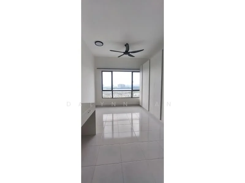 Bedroom features: white painted walls, polished ceramic tile flooring, 5-blade ceiling fan, floor-to-ceiling windows, city view, built-in wardrobe, natural light, neutral color palette; style: modern; view: city.