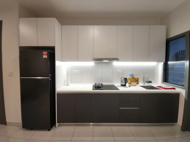 Kitchen features: black stainless-steel fridge, white upper cabinets, grey lower cabinets, white countertop, built-in gas hob, stainless-steel range hood, kettle, sink with chrome faucet, tile backsplash, under-cabinet LED lighting, floor-to-ceiling window, ceramic tile flooring; style: modern.