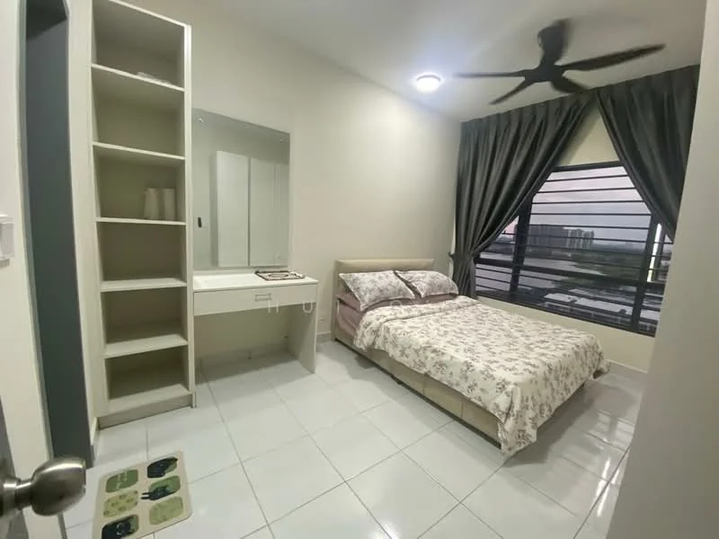 Bedroom features: queen-size bed with floral bedding, upholstered headboard, built-in wardrobe with open shelving, vanity table with mirror, floor-to-ceiling windows, grey curtains, 5-blade ceiling fan, white tiled flooring, decorative wall, area rug; style: modern; view: city.