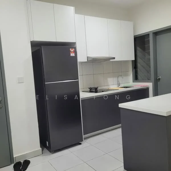 Kitchen features: stainless-steel fridge, built-in oven, ceramic tile flooring, white upper cabinets, grey lower cabinets, white countertop, single-bowl stainless-steel sink, chrome pull-down faucet, tile backsplash, gas stove, kitchen island; style: modern.
