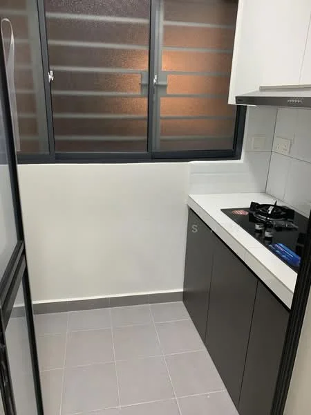 Kitchen features: grey cabinetry, white countertop, built-in gas stove, stainless-steel fridge, grey tile flooring, sliding windows, wall-mounted kitchen hood, back wall with white tiles; style: modern.