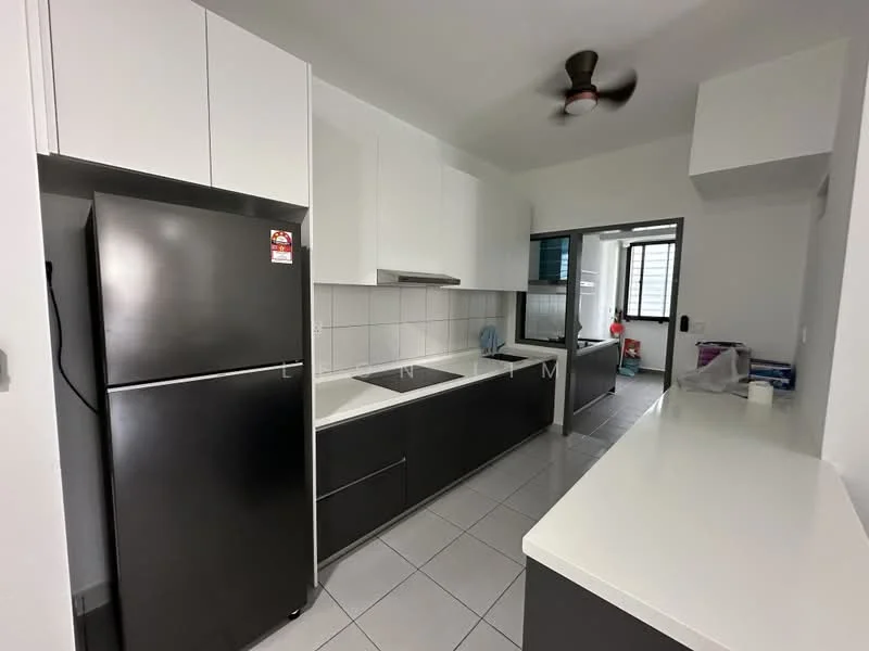 Kitchen features: black stainless-steel fridge, white cabinetry with flat-panel doors, black lower cabinets, white countertop, single-bowl stainless-steel sink, chrome pull-down faucet, ceramic tile flooring, ceiling fan with light, window with natural light, open layout to adjacent room; style: modern.