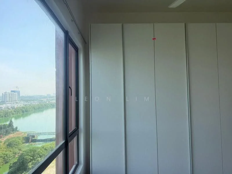 Room features: white painted walls, floor-to-ceiling windows, view of river, view of city skyline, sliding window, ceiling fan; view: river.