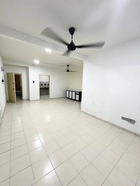 Living features: white painted walls, tile flooring, 5-blade ceiling fan, recessed downlights, doorway leading to another room, open layout, neutral color scheme, no visible furniture; style: modern.