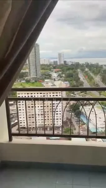 Balcony features: metal railing, tiled flooring, city skyline view, sea view, overlooking street, partially covered by curtain; view: city.