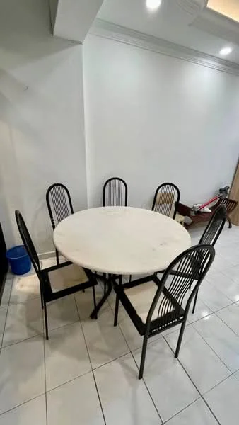 Dining features: round marble dining table, 6 black metal dining chairs, white painted walls, glossy white tile flooring, recessed ceiling lights; style: modern.