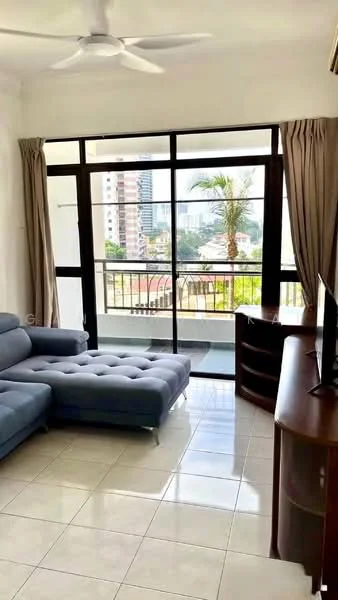 Living features: grey fabric sectional sofa, floor-to-ceiling windows, white painted walls, white tiled flooring, ceiling fan, curtains, TV console, wooden TV cabinet, decorative palm tree view; style: modern; view: city.