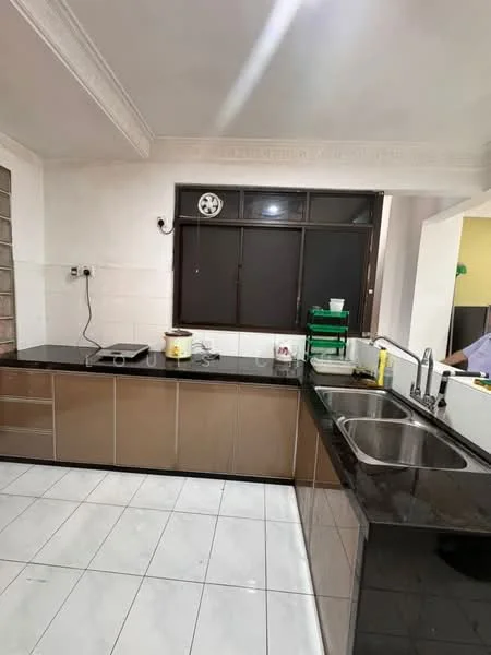 Kitchen features: black granite countertop, brown cabinetry, double-bowl stainless-steel sink, chrome pull-down faucet, white tiled flooring, wall-mounted ventilation fan, window with grid design, built-in kitchen appliances, open shelving, recessed lighting; style: modern.