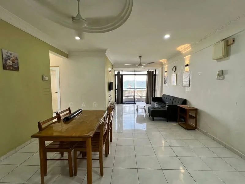 Living features: white painted walls, cream accent wall, glossy tile flooring, 5-blade ceiling fan with light, sofa in black, dining table with 6 wooden chairs, sliding glass door, floor-to-ceiling windows, curtains, wall-mounted artwork, wall clock, decorative mirror; style: modern; view: city.