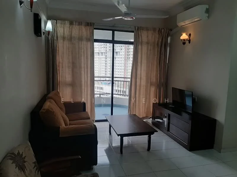 Living features: 3-seater fabric sofa in brown, wood coffee table, TV console, wall-mounted TV, floor-to-ceiling windows, sliding glass door, sheer curtains, recessed downlights, ceiling fan, white painted walls, ceramic tile flooring, air conditioning unit; style: modern; view: city.
