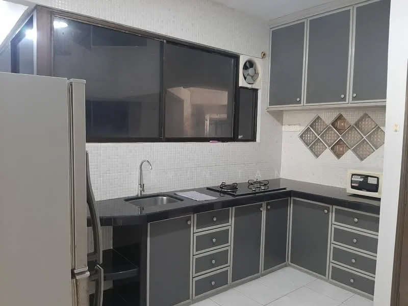 Kitchen features: grey cabinetry with flat-panel doors, black granite countertop, double-basin stainless-steel sink, chrome faucet, built-in gas hob with two burners, microwave, refrigerator, wall-mounted air conditioning unit, white tiled backsplash, white tiled flooring, large window for natural light, open shelving, under-cabinet lighting; style: modern.