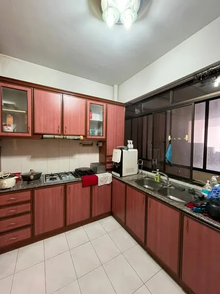 Kitchen features: brown wooden cabinetry, granite countertop, double-bowl stainless-steel sink, chrome pull-down faucet, 4-burner gas hob, built-in oven, white refrigerator, white microwave, tile flooring, window with sheer curtains, ceiling light fixture; style: modern.