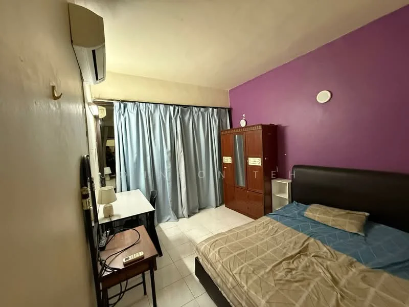 Bedroom features: queen-size bed with beige bedding, upholstered headboard, wooden wardrobe with sliding doors, study desk with chair, wall-mounted air conditioning unit, curtains in light blue, white tiled flooring, purple accent wall, light fixture on the wall, decorative wall sconce; style: modern.