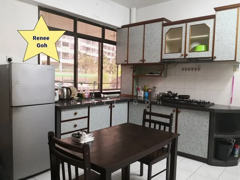 Kitchen features: white and grey patterned cabinetry, black countertop, stainless-steel fridge, built-in gas stove, oven, double-basin sink, window with blinds, tile backsplash, dining table with four chairs, wall-mounted shelves; style: modern.