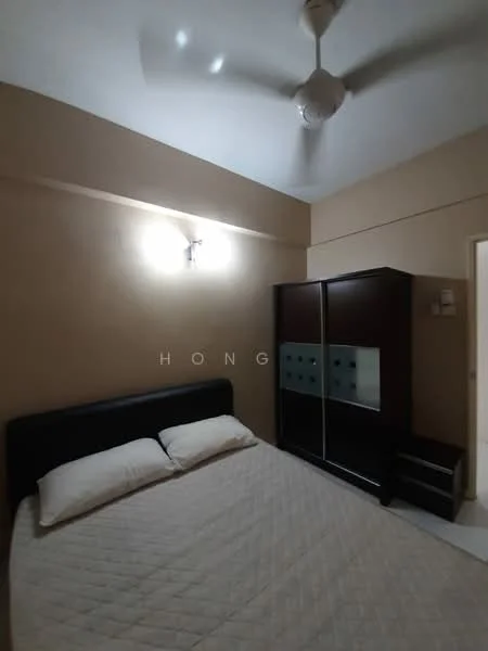 Bedroom features: queen-size bed, upholstered headboard, ceiling fan, wall-mounted light fixture, built-in wardrobe with sliding doors, nightstand, cream painted walls, tile flooring.