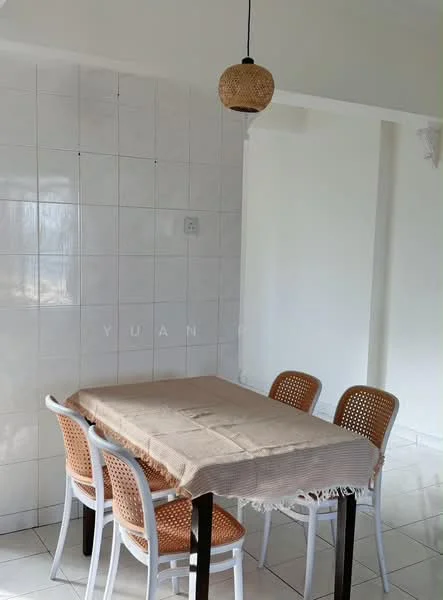 Dining features: rectangular dining table with beige tablecloth, 4 rattan dining chairs with white frames, white tiled flooring, white painted walls, pendant light fixture with woven design, large window with natural light, neutral color palette; style: minimalist.