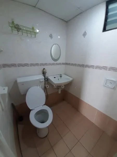 Bathroom features: white tiled walls, cream tiled flooring, one-piece toilet, chrome basin mixer faucet, small wall-mounted sink, framed mirror, towel rack, window with security bars, decorative tile border.