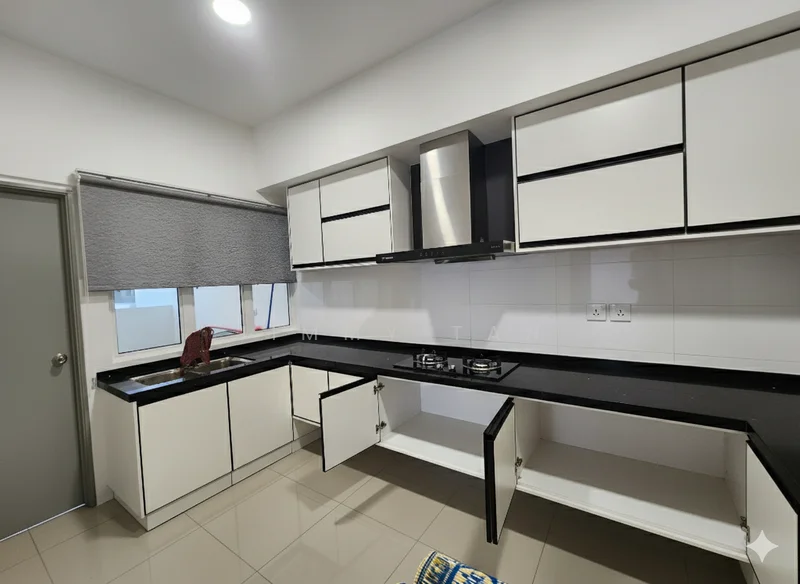 Kitchen features: black granite countertop, white cabinetry with flat-panel doors, stainless-steel range hood, 4-burner gas hob, single-bowl stainless-steel sink, grey roller blinds, white tiled backsplash, ceramic tile flooring, under-cabinet lighting; style: modern.