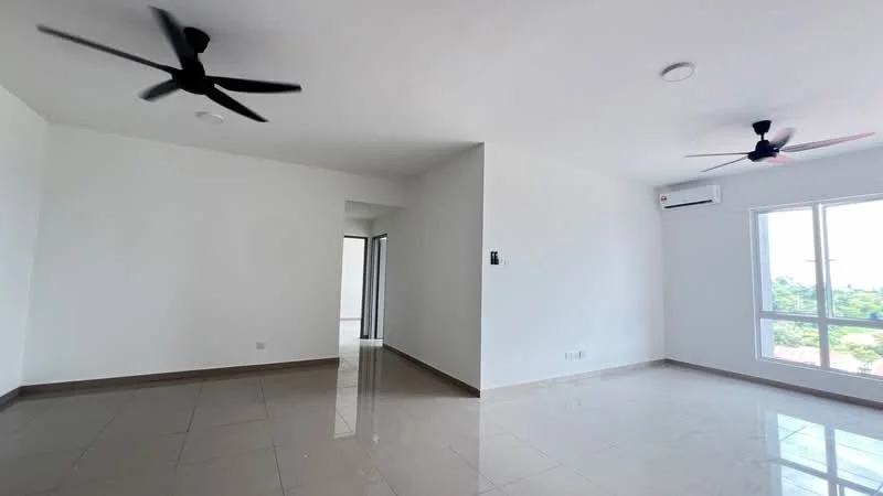 Living features: white painted walls, polished ceramic tile flooring, 2 ceiling fans, 1 wall-mounted split AC, large windows, natural light, open layout, neutral color scheme; style: modern; view: garden.