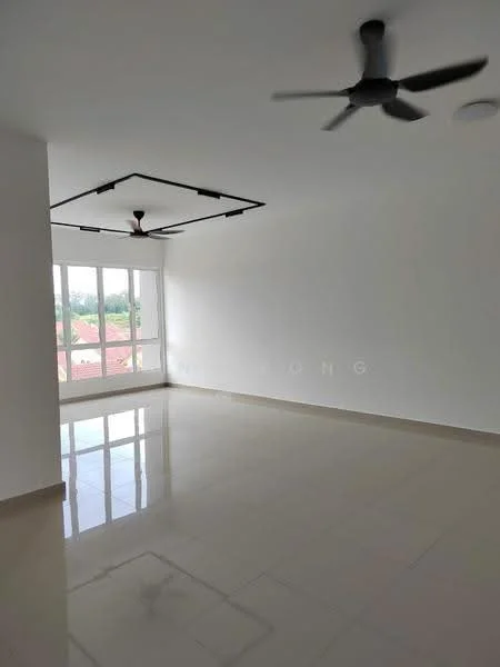 Room features: white painted walls, polished tile flooring, 5-blade ceiling fan, recessed ceiling lights, large windows, natural light, view of surrounding area; style: modern; view: garden.